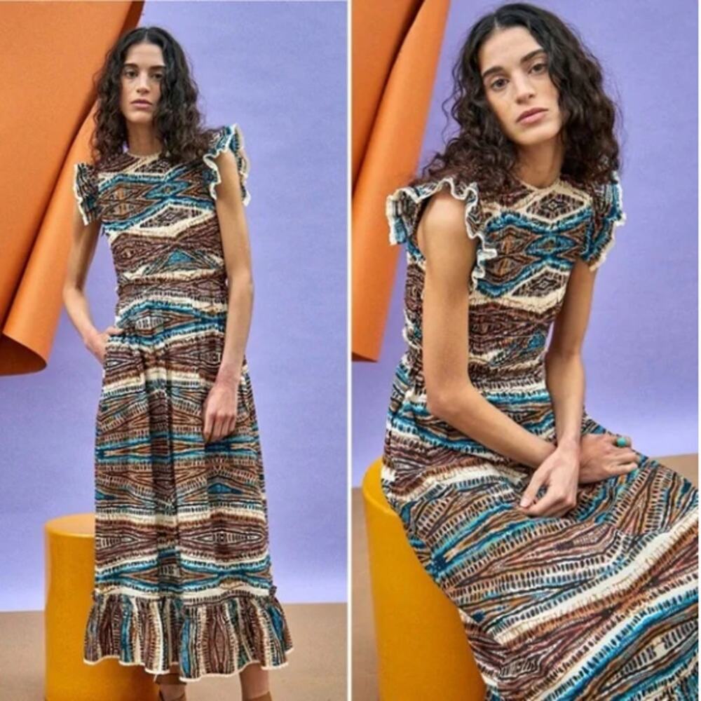 Hunter Bell Hayward Smocked A-Line Midi Dress Zig Zag Brown Cotton Size Large